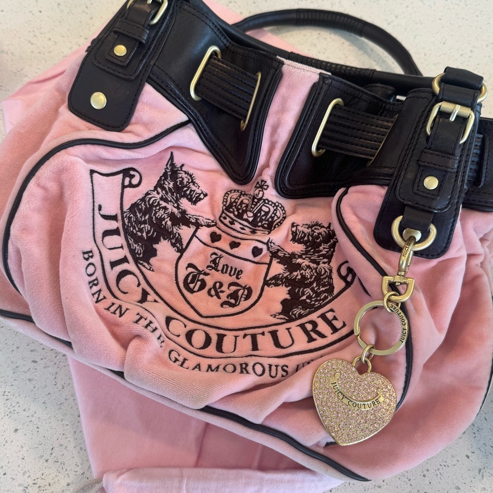 Vintage Juicy Couture Bubblegum Pink Velour Slouch Hobo Bag + Rhinestone Charm